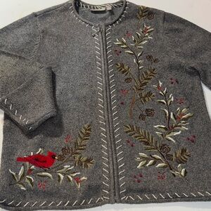 Croft & Barrow Nice Christmas Cardinal‎ Gray Knit Zip Cardigan